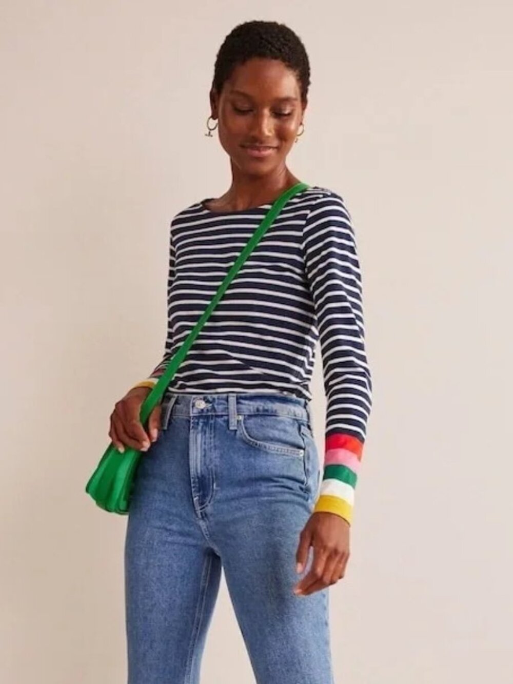 Boden Breton in Navy and White Stripe with Rainbow Sleeve